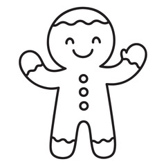 Simple outline drawing of a happy and smiling Gingerbread Man cookie with decorative icing and buttons, perfect for Christmas coloring books, holiday baking themes, and seasonal food graphics.