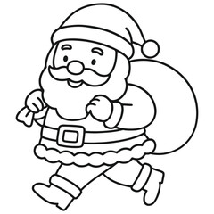 Outline illustration of a determined and active Santa Claus walking briskly while carrying a large sack of gifts, perfect for Christmas coloring books, holiday posters, and seasonal children's crafts.
