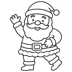 Cute cartoon Santa Claus waving, presented as a black and white outline for coloring book, sticker, or printable design. Perfect for Christmas, holiday, and winter themes.