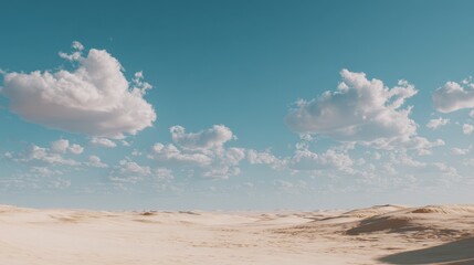 Wide Angle Desert Landscape With Blue Sky And White Clouds Sand Dunes Scene During Daylight