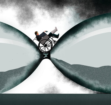 Time seems to stand still for a man healing after a leg injury. A tipped over hour glass represents no sand passing through the hourglass as if time is standing still. 3-d illustration.