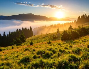 Obraz premium Golden sunrise over misty mountains and a green hill