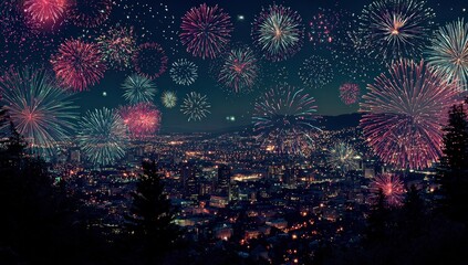 Vibrant Fireworks Display Over Cityscape at Night with Illuminated Sky and Dark Silhouette Foreground