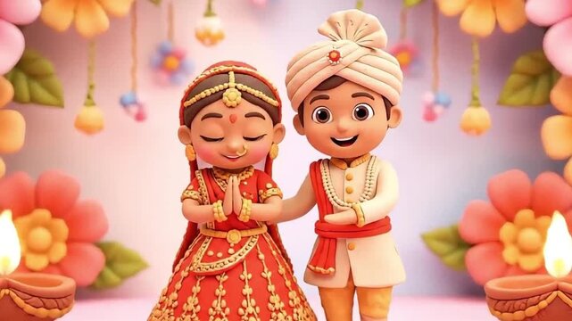 Indian Wedding Bliss Cartoon Bride and Groom Embrace Tradition
