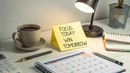 Motivational Workspace with Coffee, Desk Lamp, Calendar, and Sticky Note Message for Productivity and Focus Enhancement