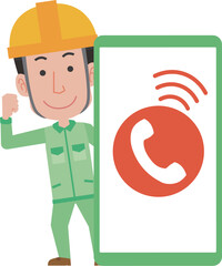 ヘルメットを被った作業員と電話