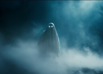 Mysterious Spectral Figure in Mist: A chilling depiction of a solitary, spectral figure cloaked in a shroud, emitting an ethereal glow amidst a haunting, misty ambiance.