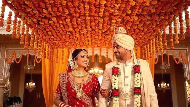 Beautiful Indian Bride and Groom walking under floral wedding mandap