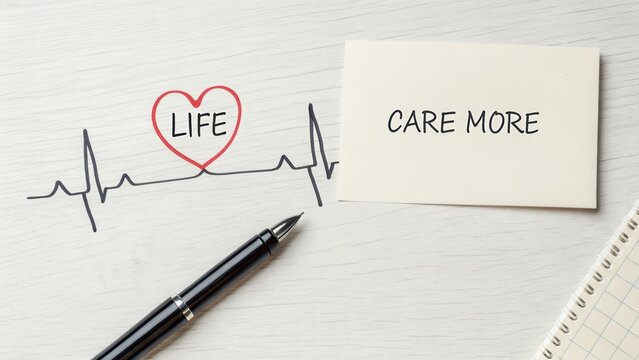 Heartbeat illustration with the message 'Life' and 'Care More', inspirational quote for health and wellness themes