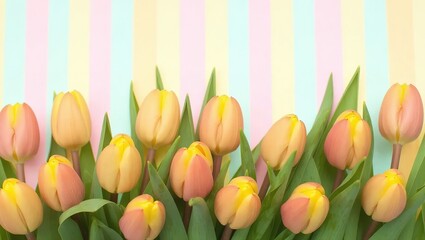 Yellow and Pink Tulips on a Pastel Striped Background.