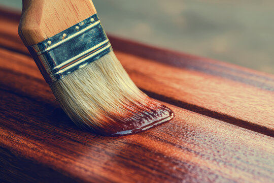 applying shellac over stian in wood table with a brush. AI generative.