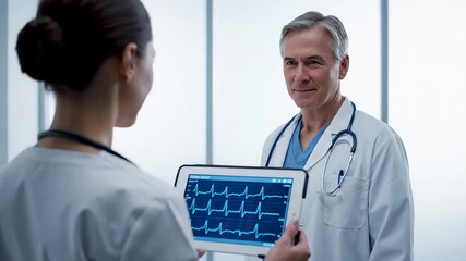 Professional medical team discussing a patient's diagnosis in a hospital hallway. A female nurse showing a tablet with an electrocardiogram to a mature smiling doctor for consultation - Powered by Adobe