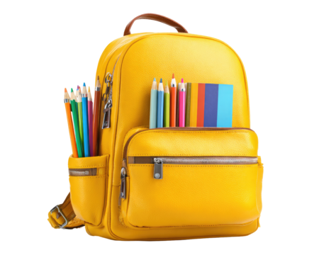 Bright yellow backpack filled with colorful pencils and a small notepad
