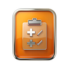 Fototapeta premium Orange clipboard icon with plus and check marks isolated on transparent background