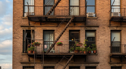 A classic new york city apartment building with a fire escape and flower boxes on the balconies in the east village neighborhood