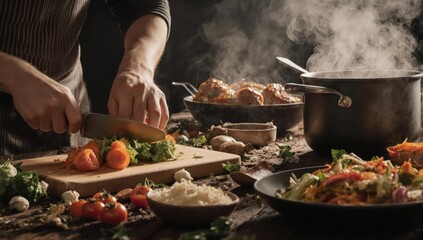 Chef chopping fresh vegetables on a wooden board, preparing a delicious meal with steaming pots.