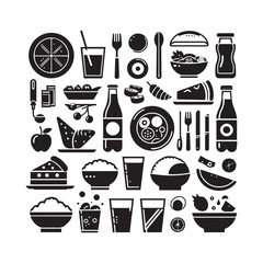 Assortment of black food and drink icons on a white background collection