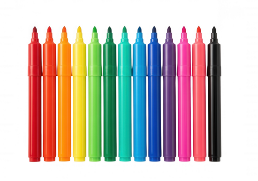 Colorful markers arranged in a row isolated on a transparent background