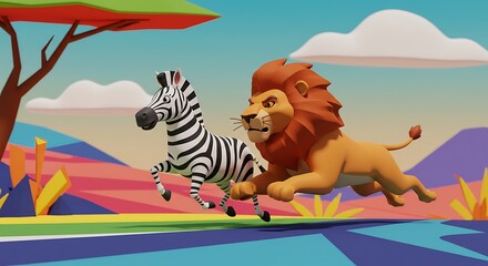 サバンナの大地を駆けるシマウマを追いかけるライオンの躍動感あふれるイラスト