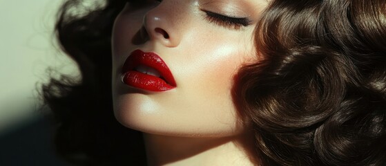 Fototapeta premium Close up of womans face with red lipstick