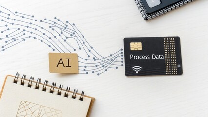 Concept of Artificial Intelligence Processing Data via Card Technology with Network Lines and Notebook on White Background
