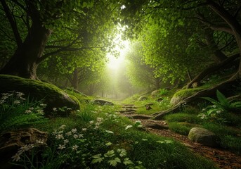 Enchanting forest path bathed in mystical sun rays leading forward