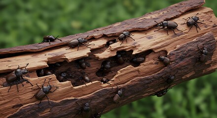 朽木に集まる甲虫たちの賑わい 鮮やかな緑背景とのコントラストが美しいクローズアップ写真
