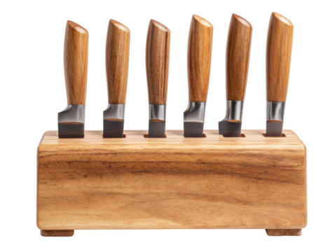 Wooden knife block holds six knives with light brown handles