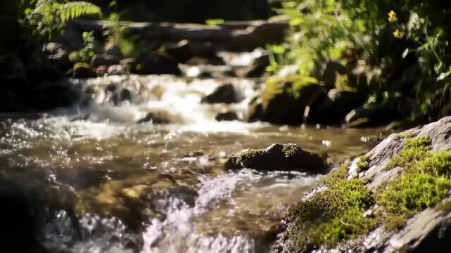 Close up of a babbling brook flowing over mossy rocks with dappled sunlight in a forest