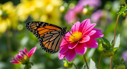 Obraz premium A monarch butterfly delicately rests on a vibrant pink dahlia, its wings a striking contrast against the flower in a sunny garden