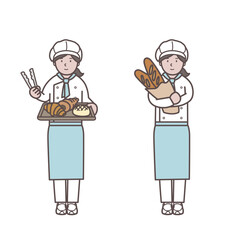 女性のパン屋さんのイラストセット