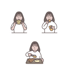 パンを買って食べる女性のイラストセット