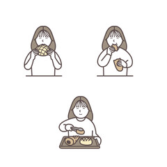 パンを買って食べる女性のイラストセット