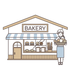 パン屋さんの女性店員とお店のイラスト