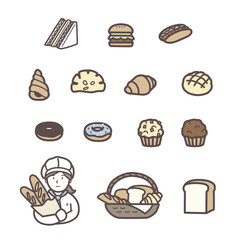 色々なパンと女性店員のイラストセット