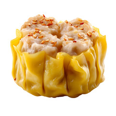 Close-up of golden siu mai dumpling topped with sesame seeds, isolated against a dark background.