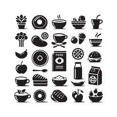 Comprehensive Set of Black and White Icons for Food, Drinks, and Healthy Eating plant donut