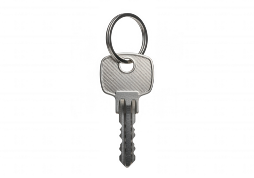 Silver key with textured head and ring isolated on a transparent background