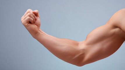 Strong Flexed Male Arm Muscle Isolated on Soft Gray Background Showcasing Strength and Power in Fitness and Bodybuilding
