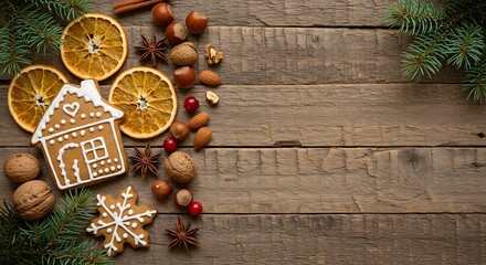 Festive Christmas flat lay with gingerbread cookies, dried orange slices, nuts, and fir branches on a rustic wooden background, offering ample copy space.