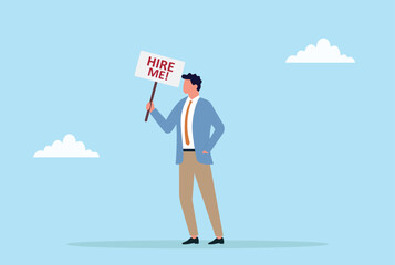 Vector illustration of a job seeker holding a small hire me sign, representing job hunting, career search, recruitment, employment opportunities and hiring concept
