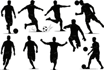 Abstract Black Silhouette Set of 12 Cool Soccer Players with Fine Detailed Lines