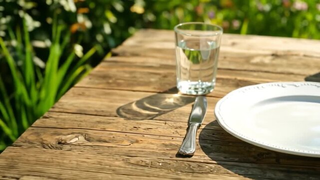 A simple meal setting on a rustic wooden table in a sunny garden with a plate, glass, and knife