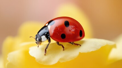 Obraz premium Close-Up of a Vibrantly Colored Ladybug Resting on a Delicate Yellow Flower Petal