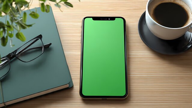 Close-Up View of a Smartphone Mockup with Green Screen Display on a Cluttered Wooden Desk with Accessories