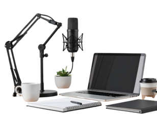 Side Angle Home Recording Setup with Desk, Mic, and top, isolated transparent background png