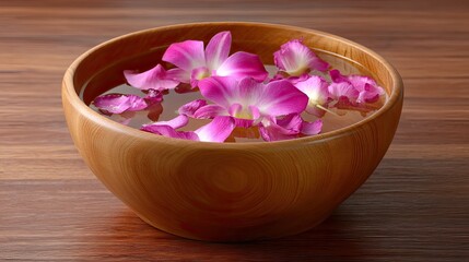 Serene Wooden Bowl with Floating Pink Petals on a Warm Wooden Surface for Tranquil Atmosphere