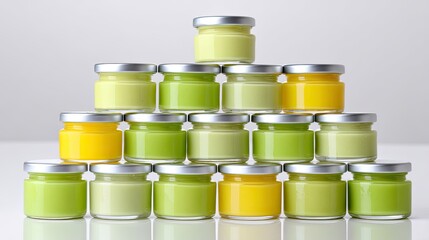 Colorful Arrangement of Small Glass Jars Filled with Various Shades of Green and Yellow on Reflective Surface