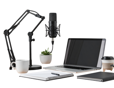 Side Angle Home Recording Setup with Desk, Mic, and top, isolated transparent background png