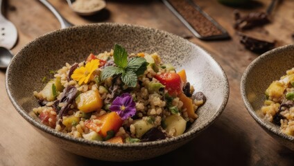 Colorful and Healthy Grain Bowl with Fresh Vegetables and Herbs.